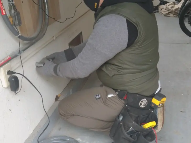 Electrician performing outlet wiring in a Ponchatoula garage